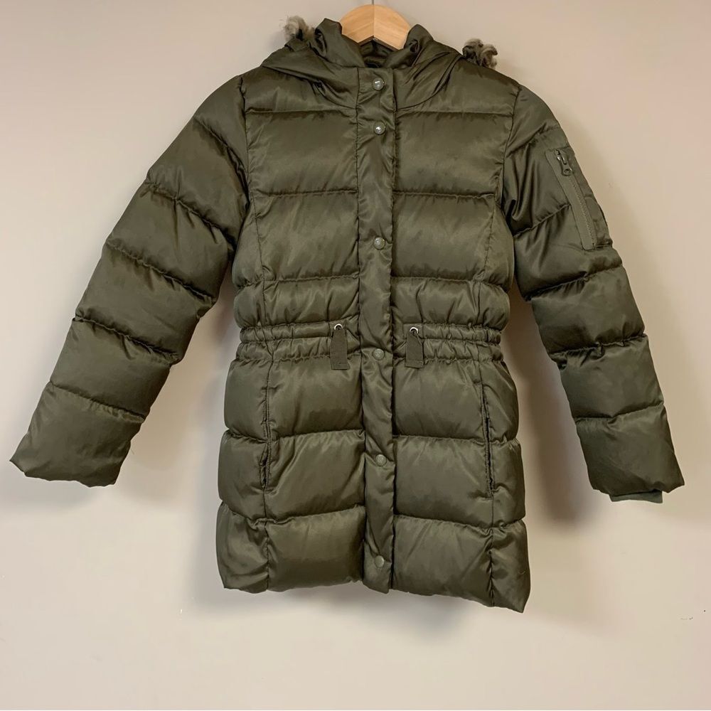 GAP Long Coat Girls Large Puffer Quilted Winter Warm Olive Green Fur Trim Hooded